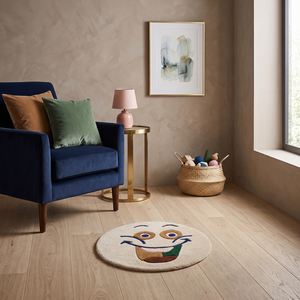 Cream happy face hand tufted wool kids rug styled in a playful children’s bedroom with modern furniture and colourful decor.