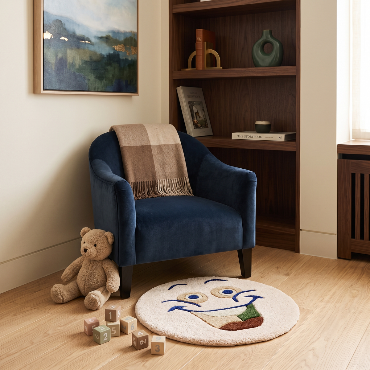 Cream joyful face hand tufted wool kids rug styled in a playful children’s bedroom with modern furniture and colourful decor.