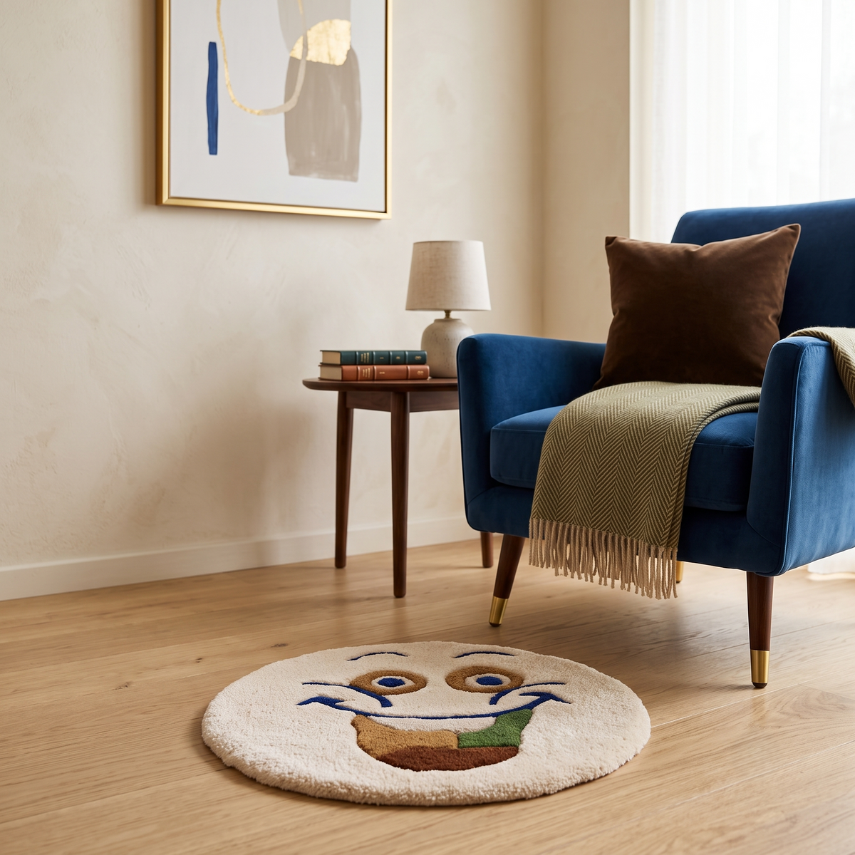 Cream smiling face hand tufted wool kids rug styled in a playful children’s bedroom with modern furniture and colourful decor.