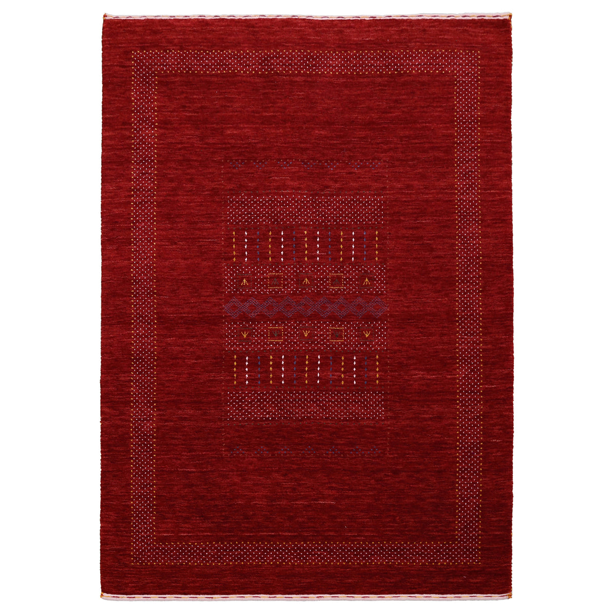 Full view of deep red Hand Woven Loom Lori wool rug with central geometric panel, multicolour motifs and dotted border