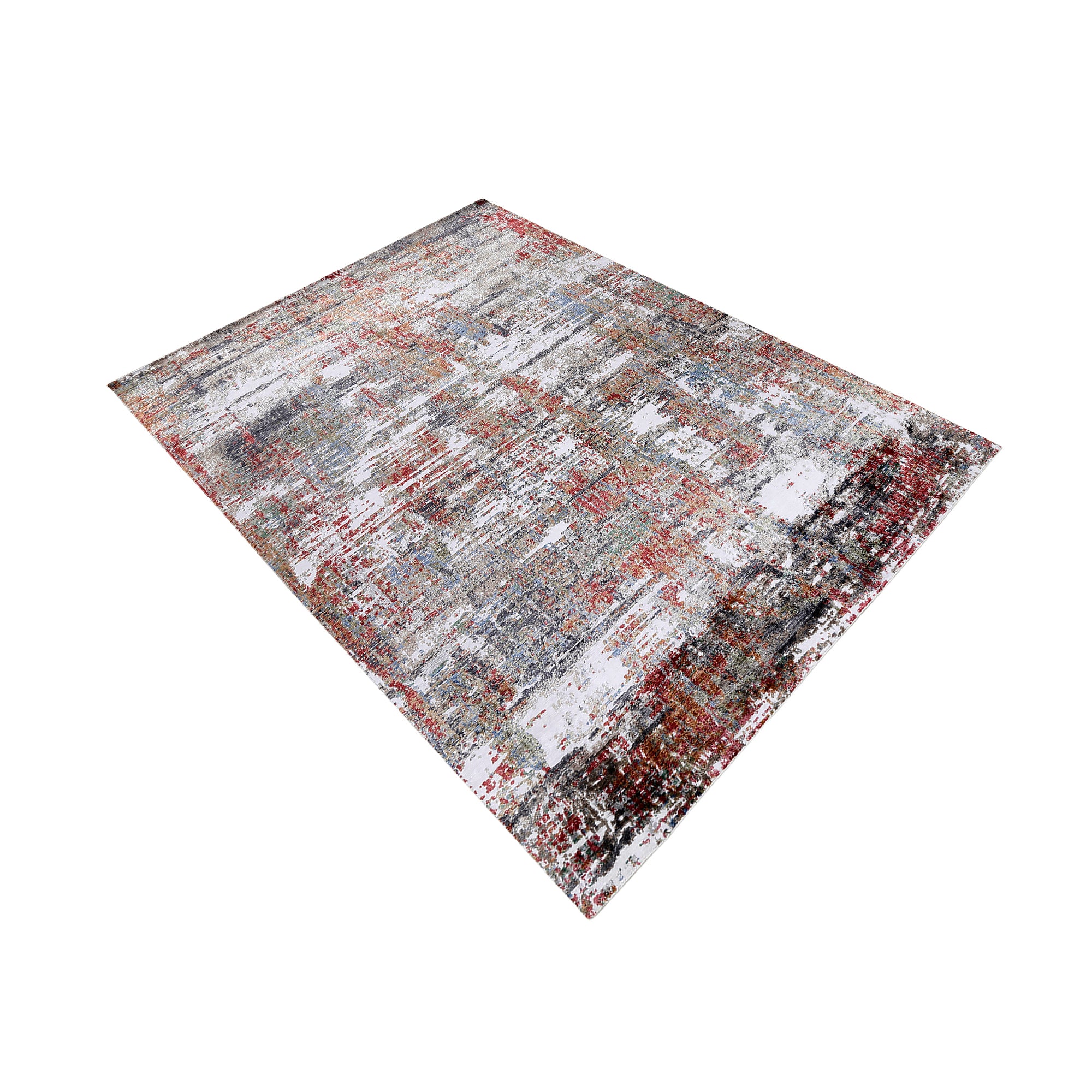Crimson Mist hand knotted viscose rug in ivory silver grey red rust and muted blue abstract distressed design