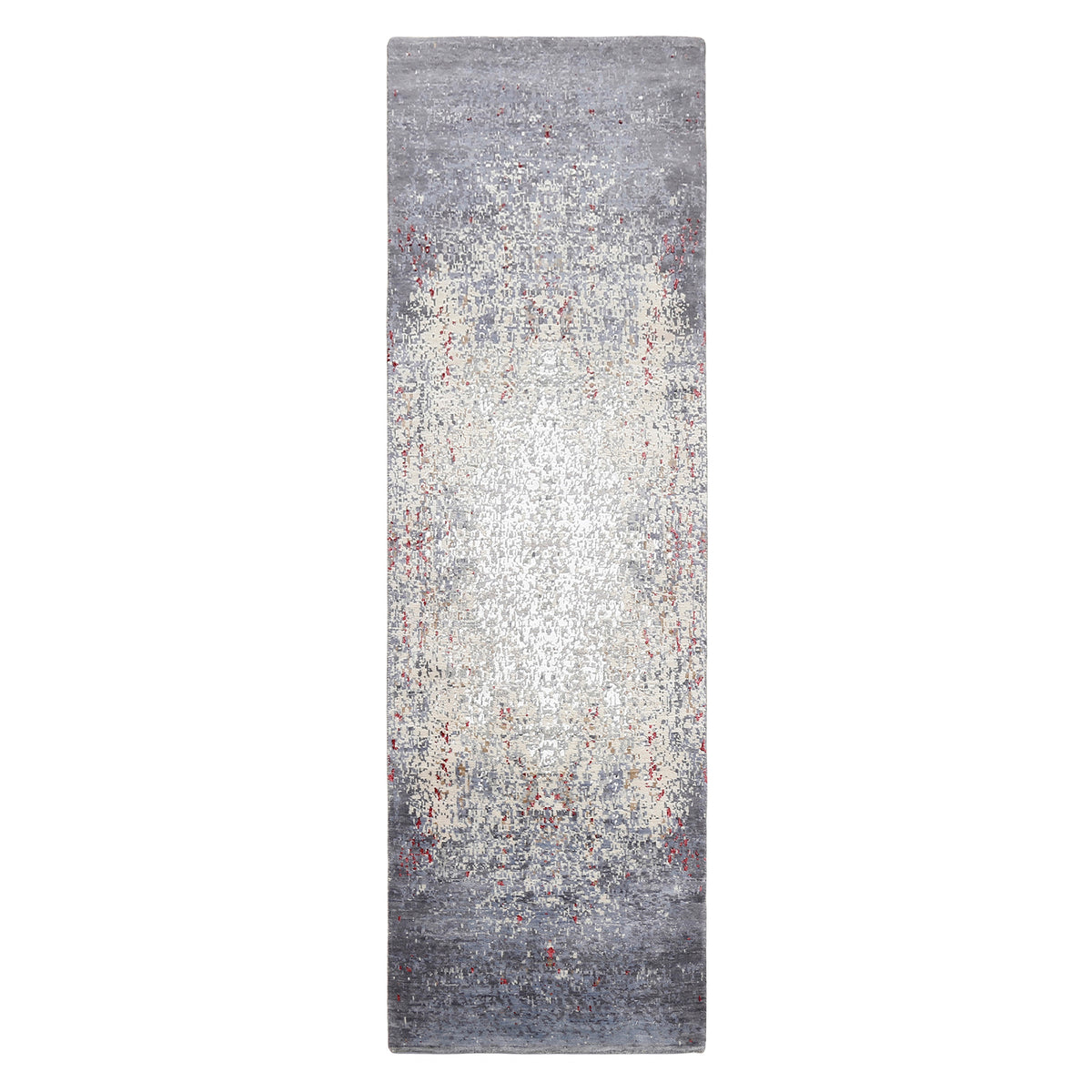 Crimson Mist hand knotted runner rug in silver grey ivory beige and muted red abstract distressed design