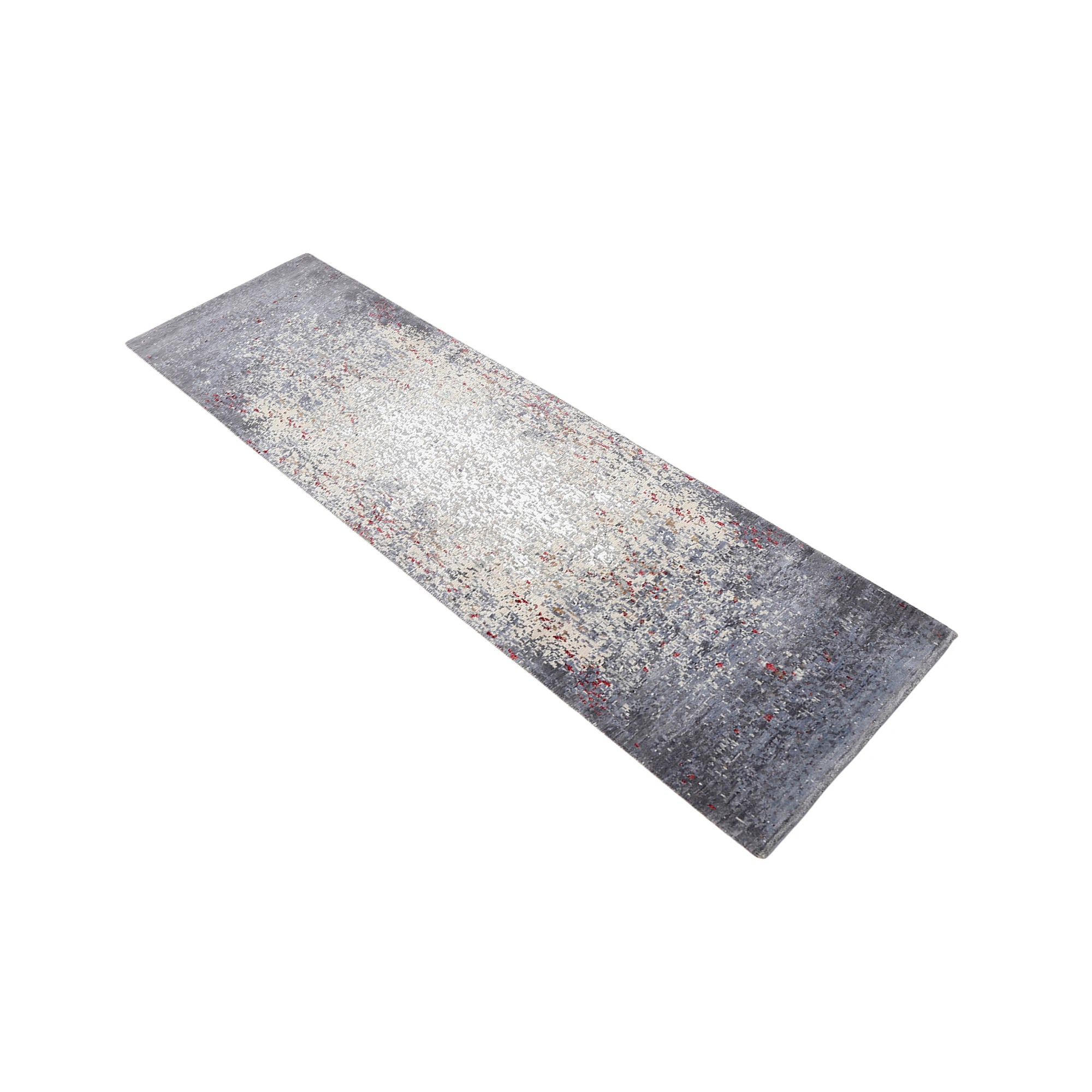 Crimson Mist hand knotted runner rug in silver grey ivory beige and muted red abstract distressed design