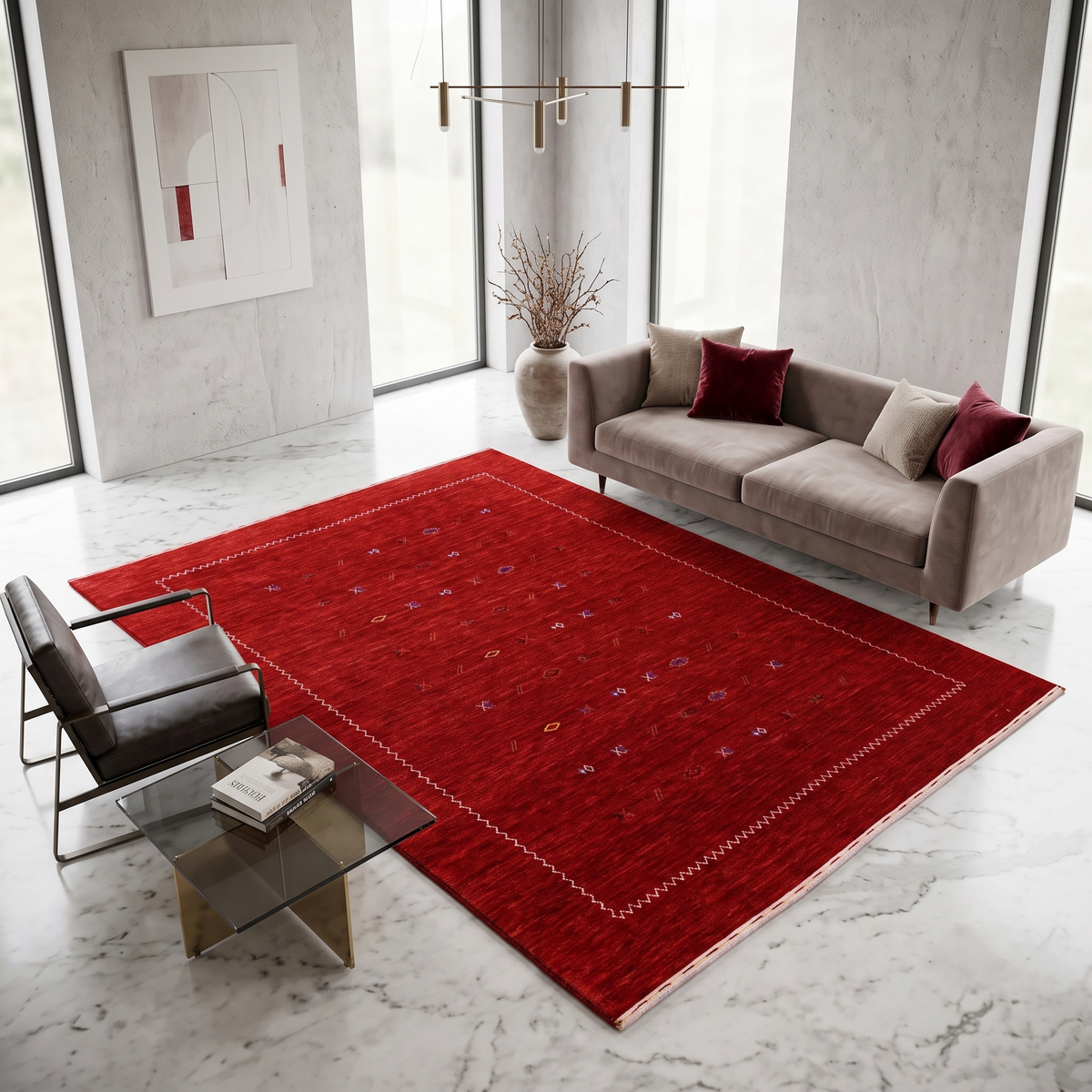 Crimson red Hand Woven Loom Lori wool rug with scattered tribal geometric motifs and ivory zigzag border styled in a warm living room