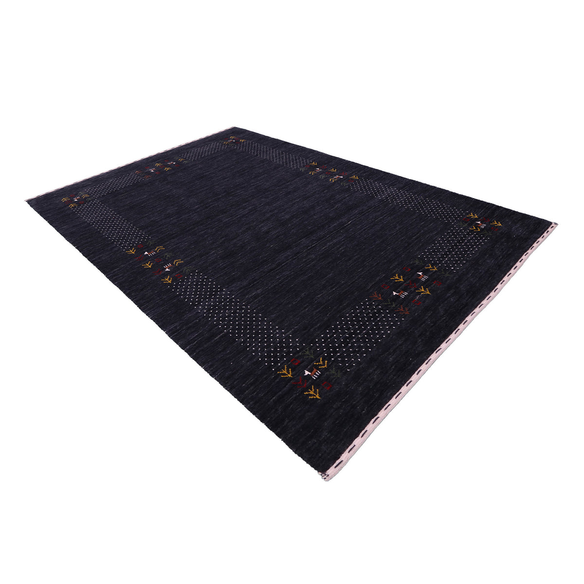 Side perspective of charcoal black Hand Woven Loom Lori wool rug highlighting natural wool texture and decorative dotted folk border design