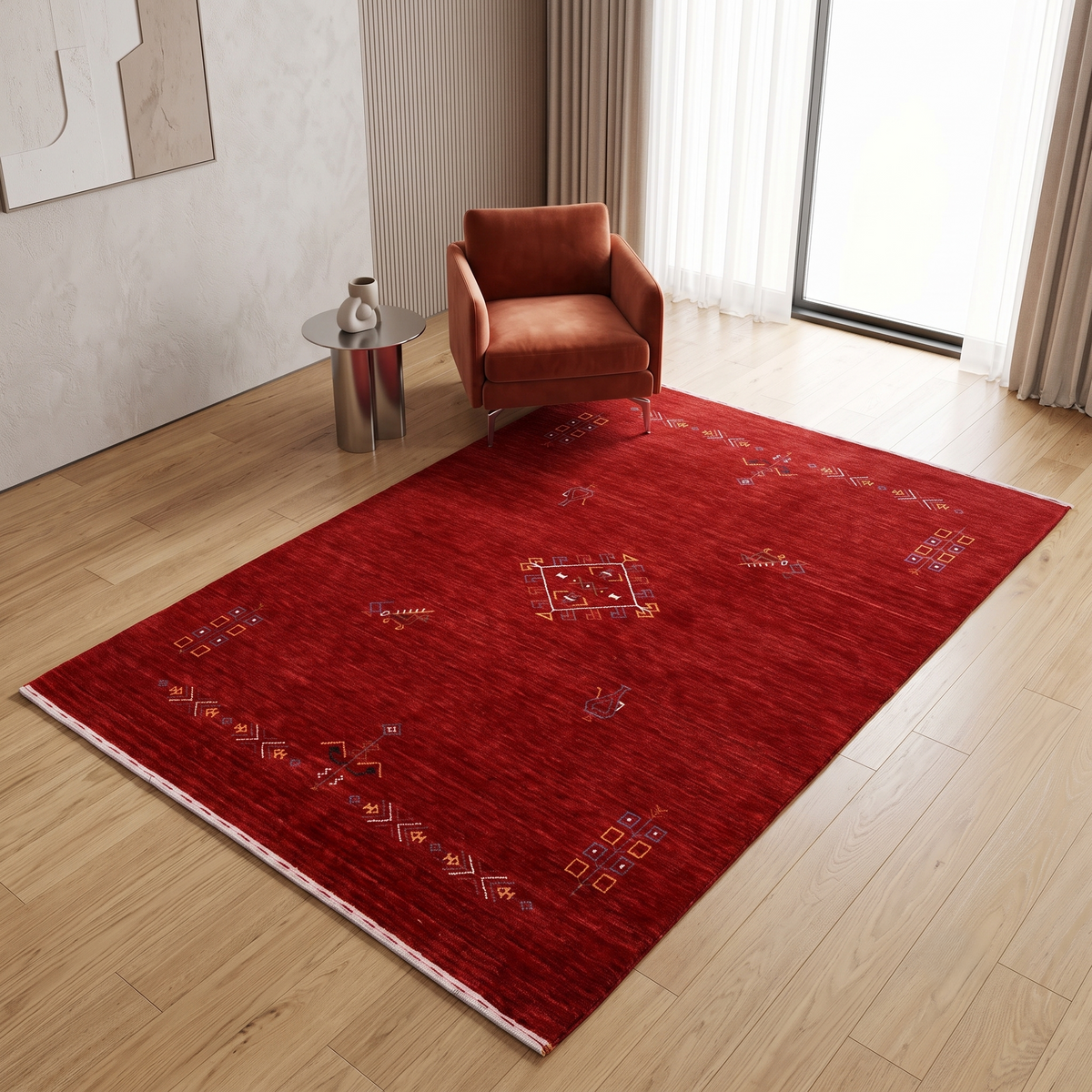 Deep red Hand Woven Loom Lori wool rug with central diamond tribal medallion styled in an elegant living room
