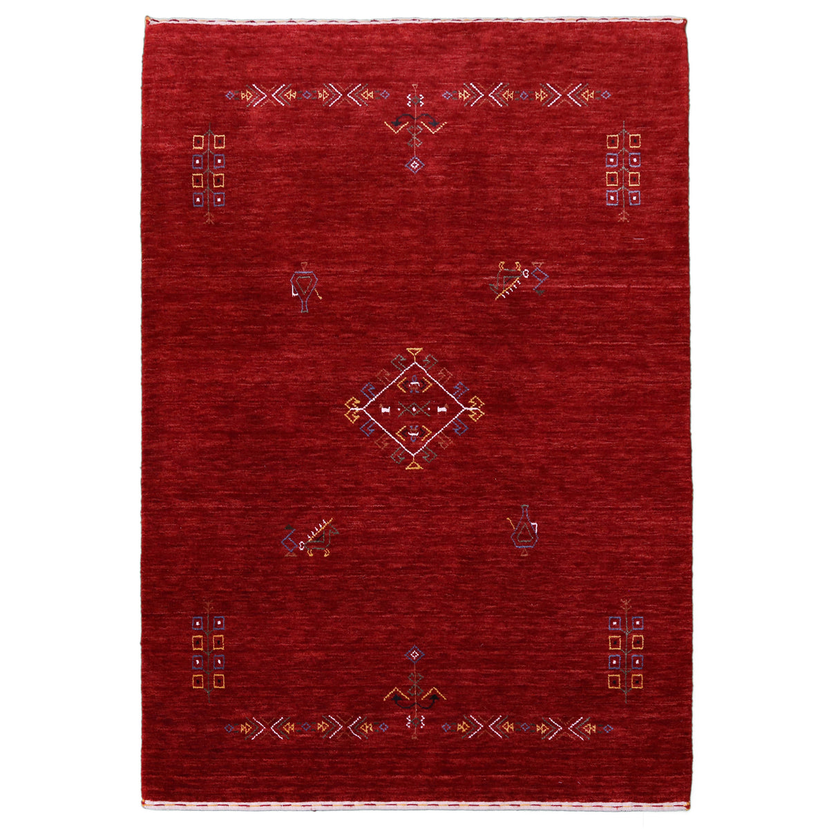 Full view of deep red Hand Woven Loom Lori wool rug with central diamond medallion and tribal geometric motifs