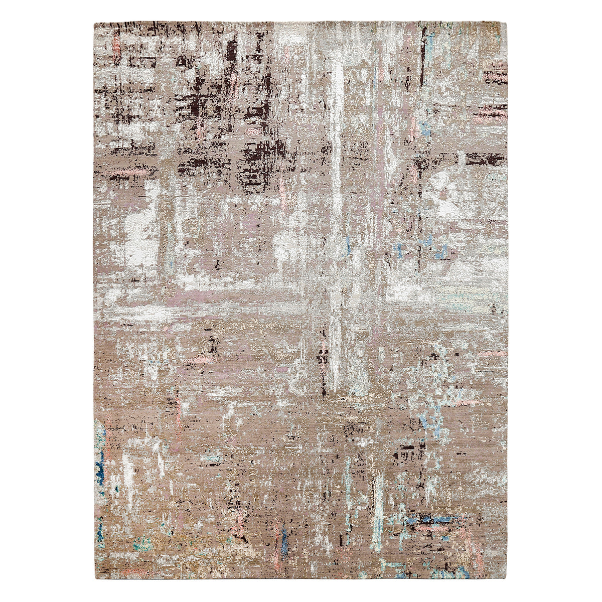Desert Bloom hand knotted modern rug in beige taupe ivory blush aqua and blue abstract distressed design