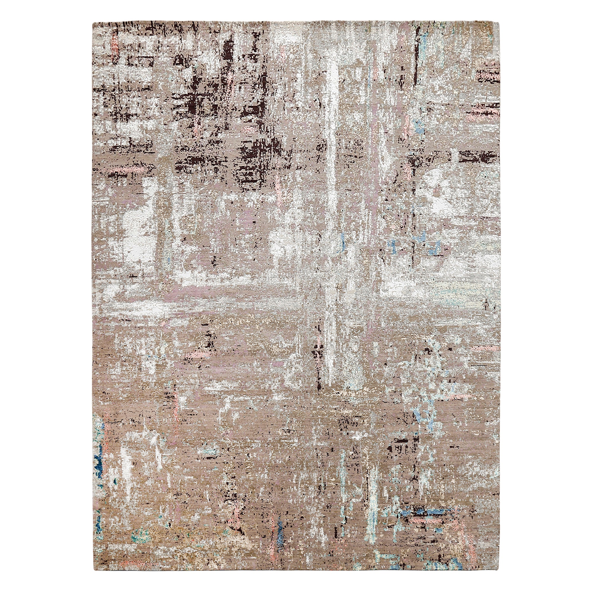 Desert Bloom hand knotted modern rug in beige taupe ivory blush aqua and blue abstract distressed design