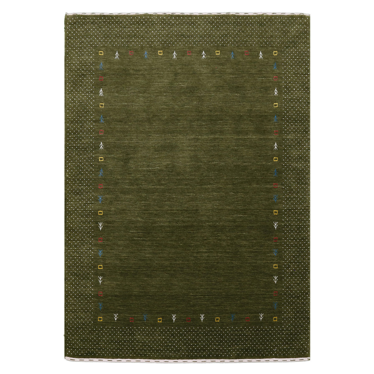 Full view of olive green Hand Woven Loom Lori wool rug with spacious centre, multicolour tribal symbols and ivory dotted border