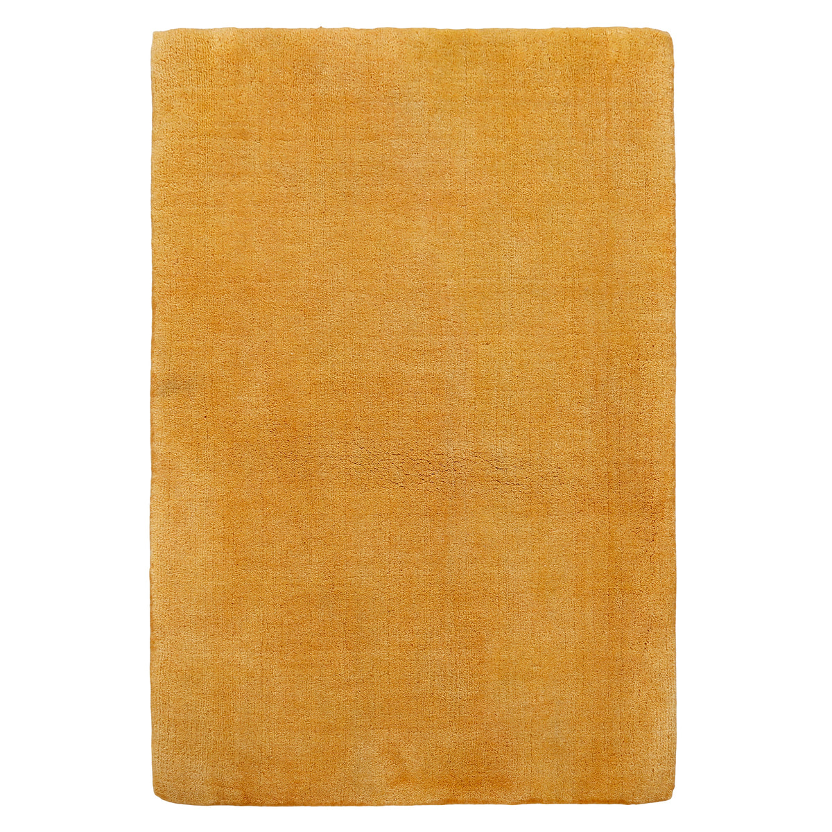 Full view of gold rectangular hand woven Loom Lori wool rug featuring a clean plain design and rich golden tonal variations.