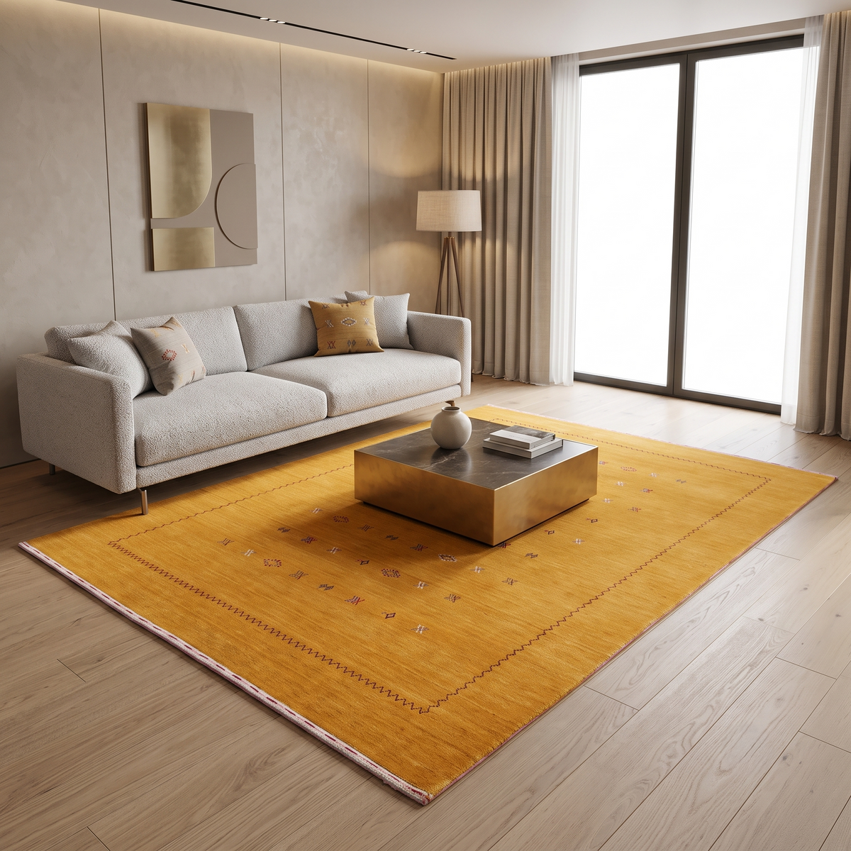 Golden mustard Hand Woven Loom Lori wool rug with scattered tribal motifs and zigzag border styled in a warm living room