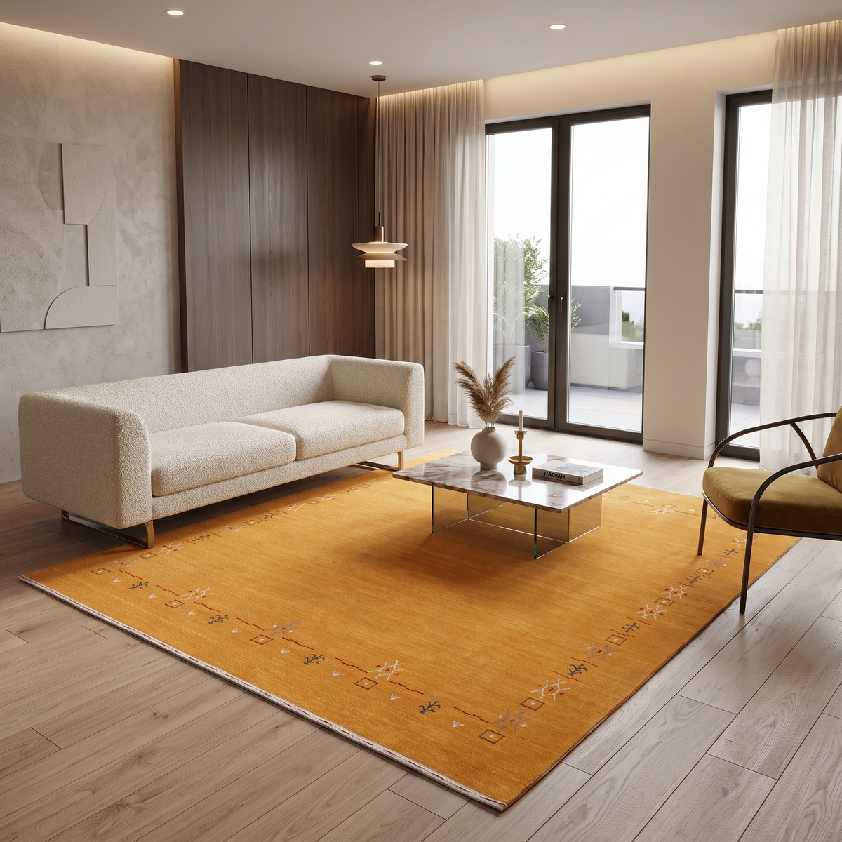 Golden mustard Hand Woven Loom Lori wool rug with minimal tribal border styled in a warm contemporary living room