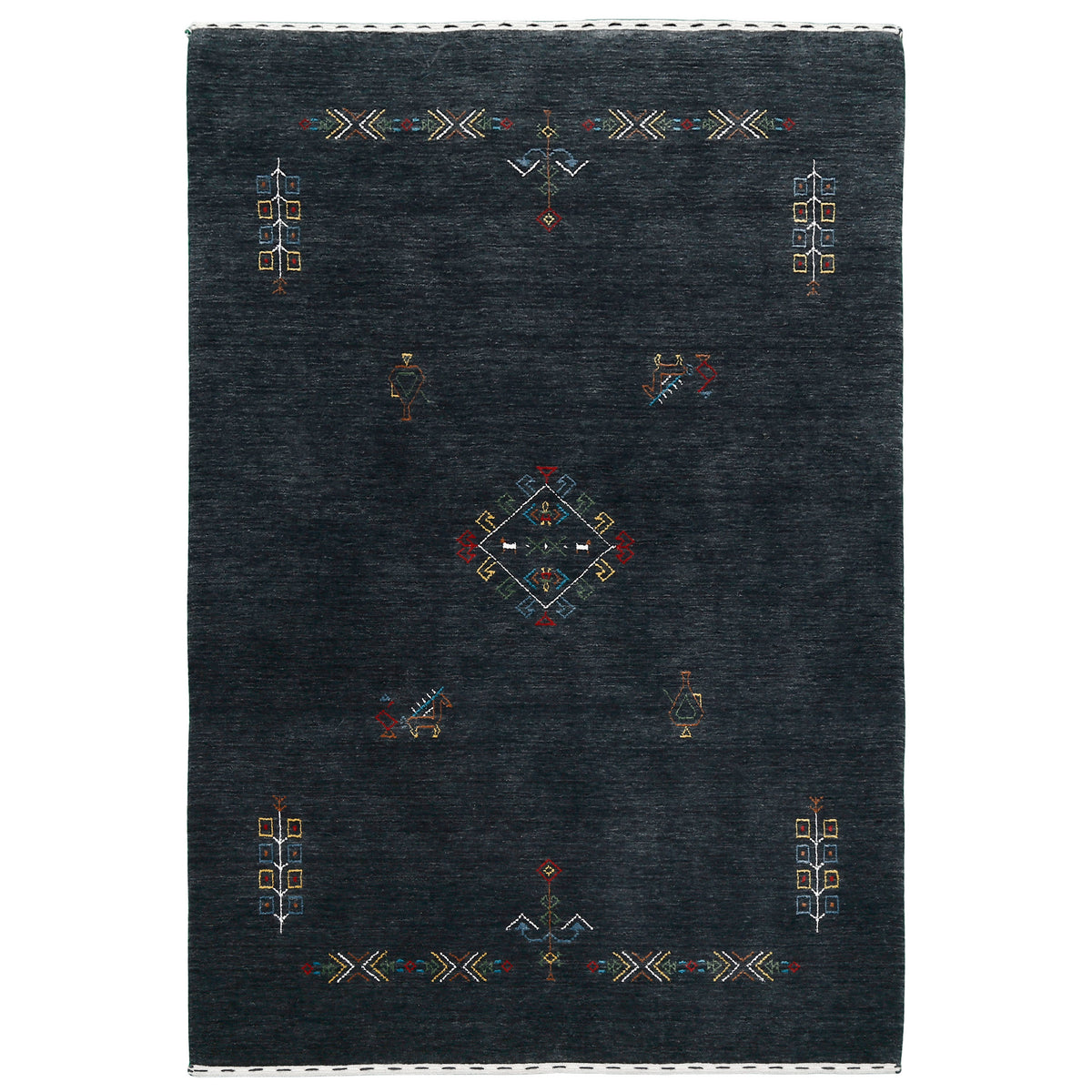 Full view of charcoal black Hand Woven Loom Lori wool rug with central diamond medallion and geometric folk motifs