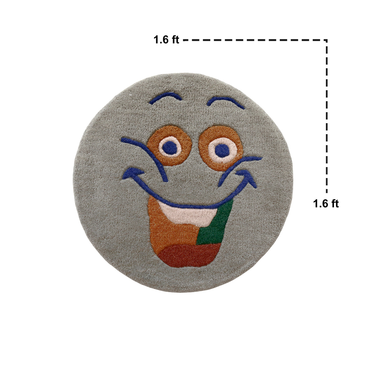 Close-up of grey smiley face hand tufted wool kids rug highlighting its soft wool texture, plush pile and raised colourful facial details.