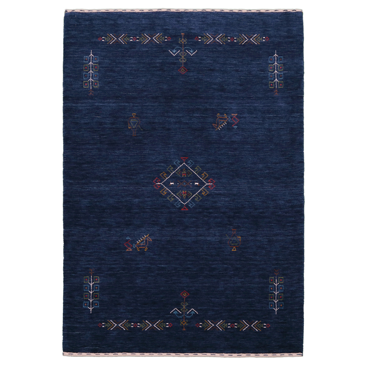 Full view of deep navy blue Hand Woven Loom Lori wool rug with central diamond medallion and geometric folk border motifs