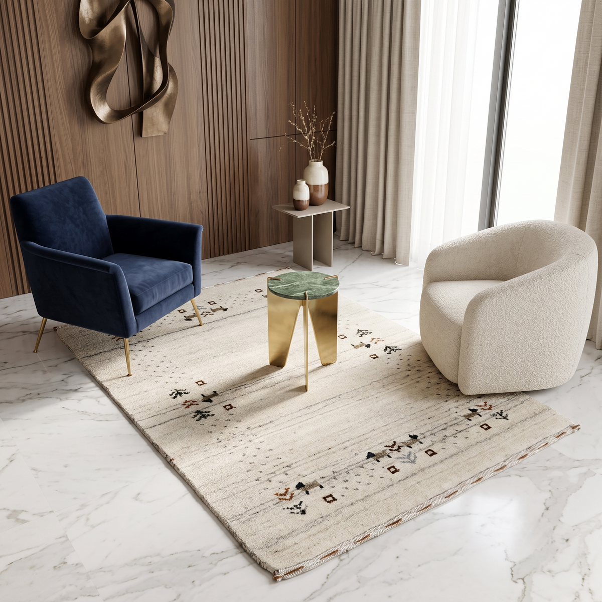 Ivory Hand Woven Loom Lori wool rug with animal and tree-inspired folk border styled in a warm neutral living room