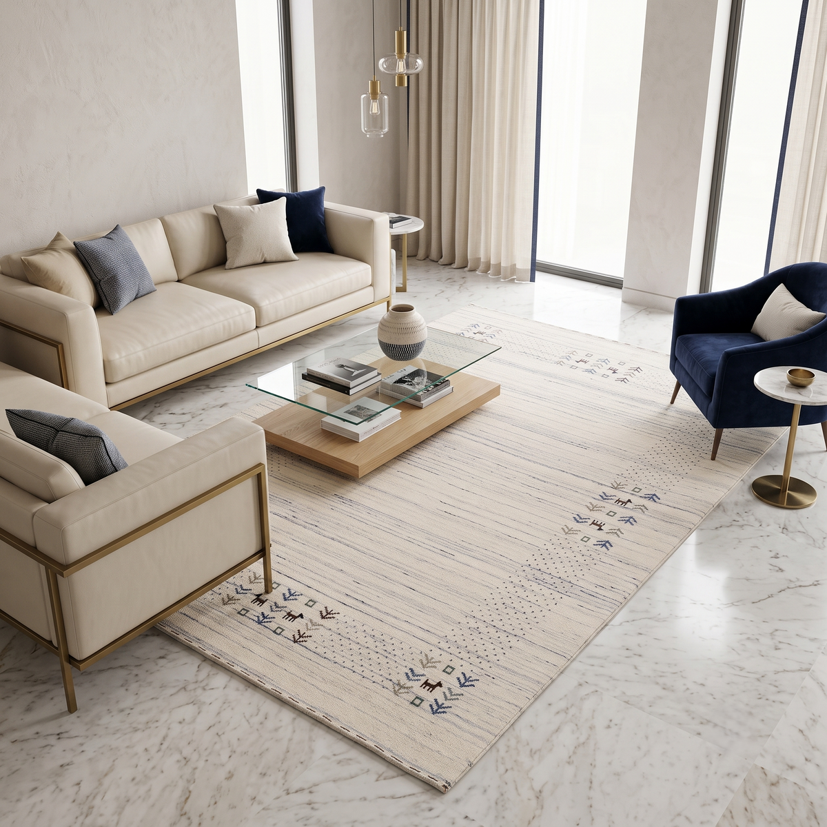 Ivory blue-grey Hand Woven Loom Lori wool rug with dotted tribal folk border styled in an elegant neutral living room