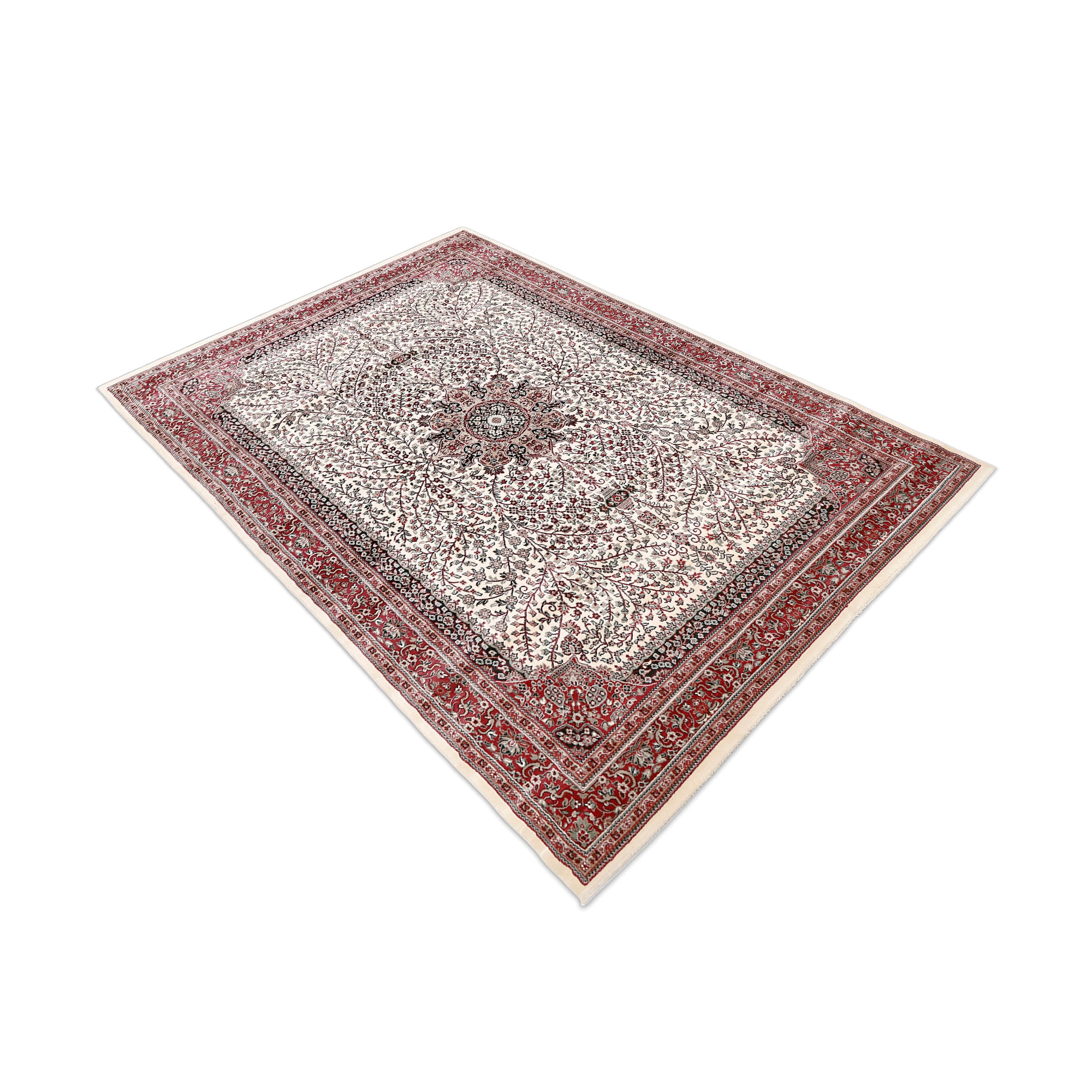 Side angle view of Ivory Floral Medallion Machine Woven Classic Art Silk Rug by Khushi Living
