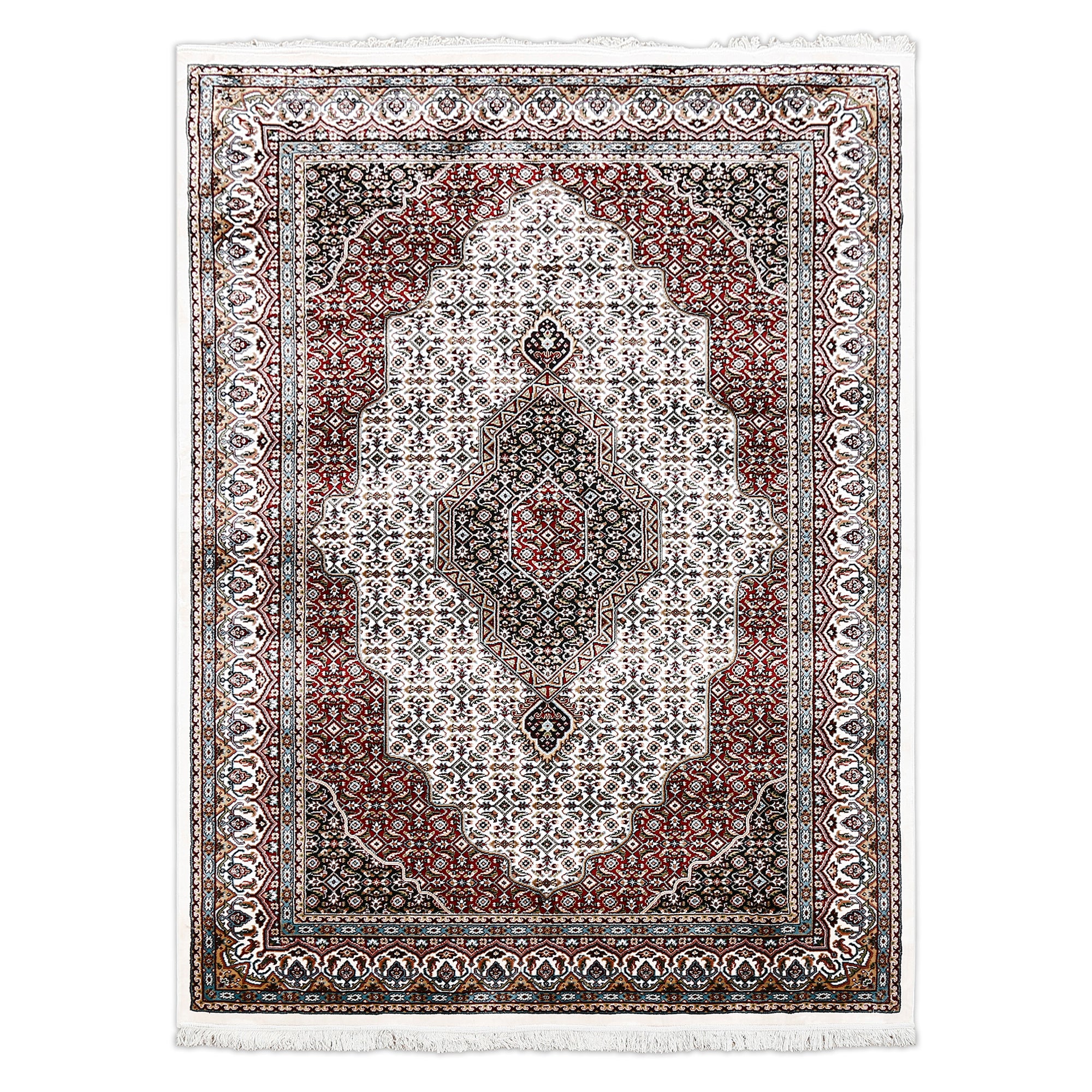 Full view of Ivory Machine Woven Classic Art Silk Rug with geometric medallion and layered ornamental borders