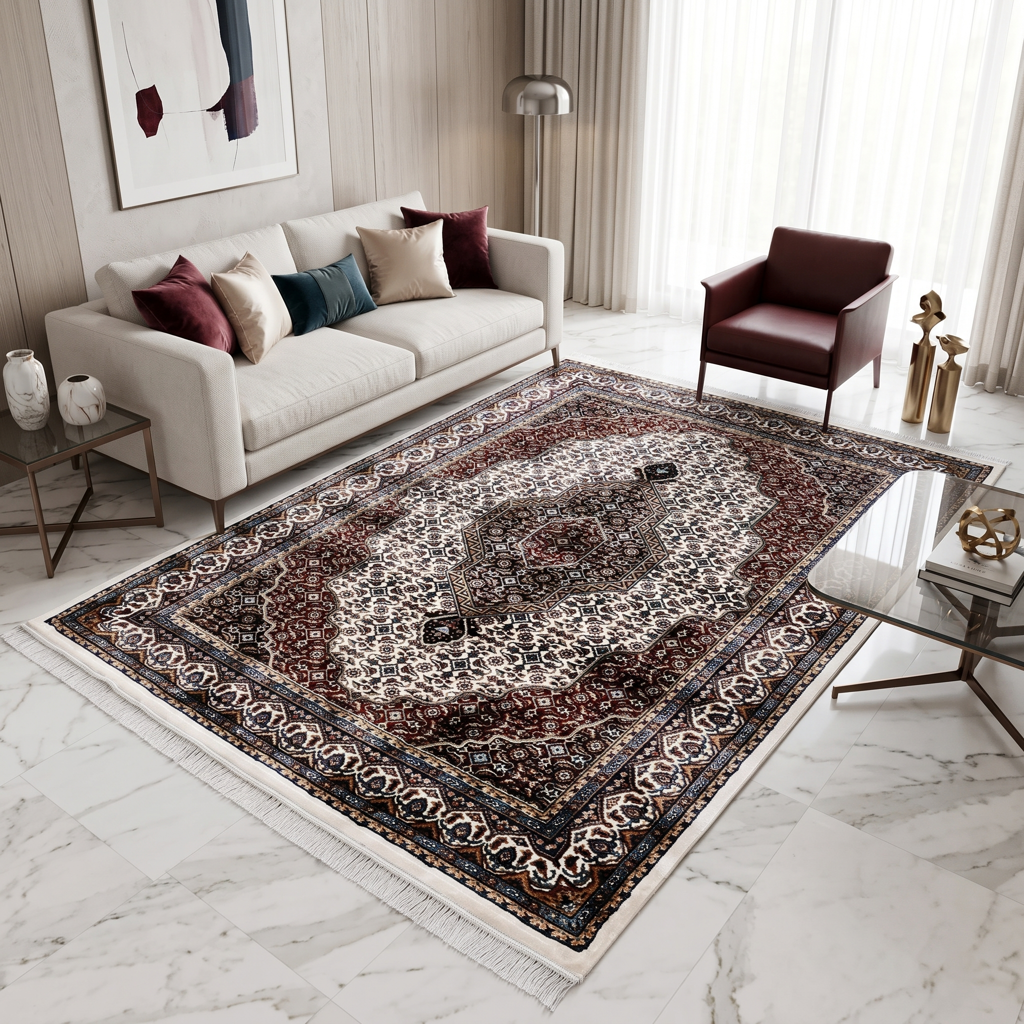 Ivory Geometric Medallion Machine Woven Classic Art Silk Rug styled in an elegant interior by Khushi Living