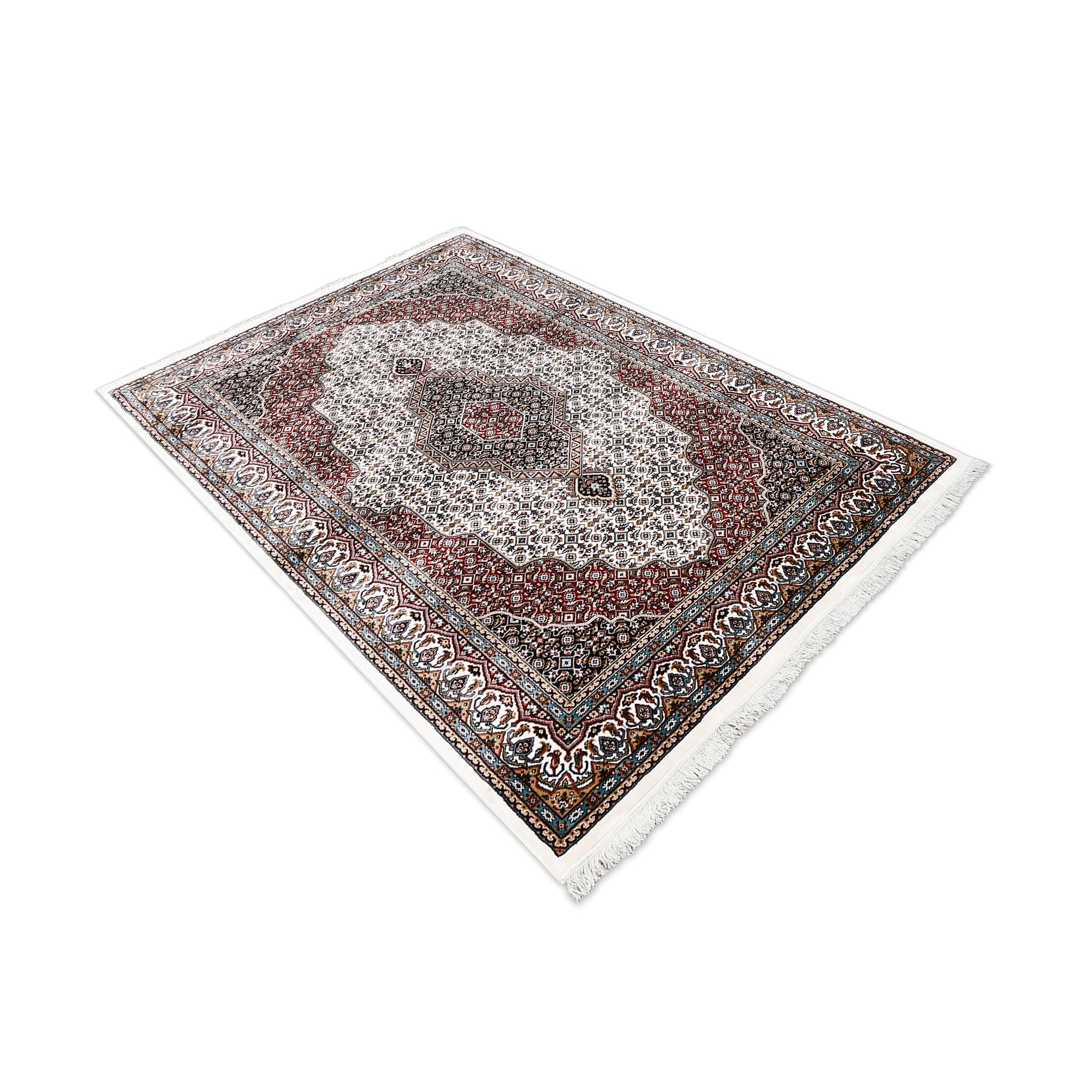 Side angle view of Ivory Geometric Medallion Machine Woven Classic Art Silk Rug by Khushi Living