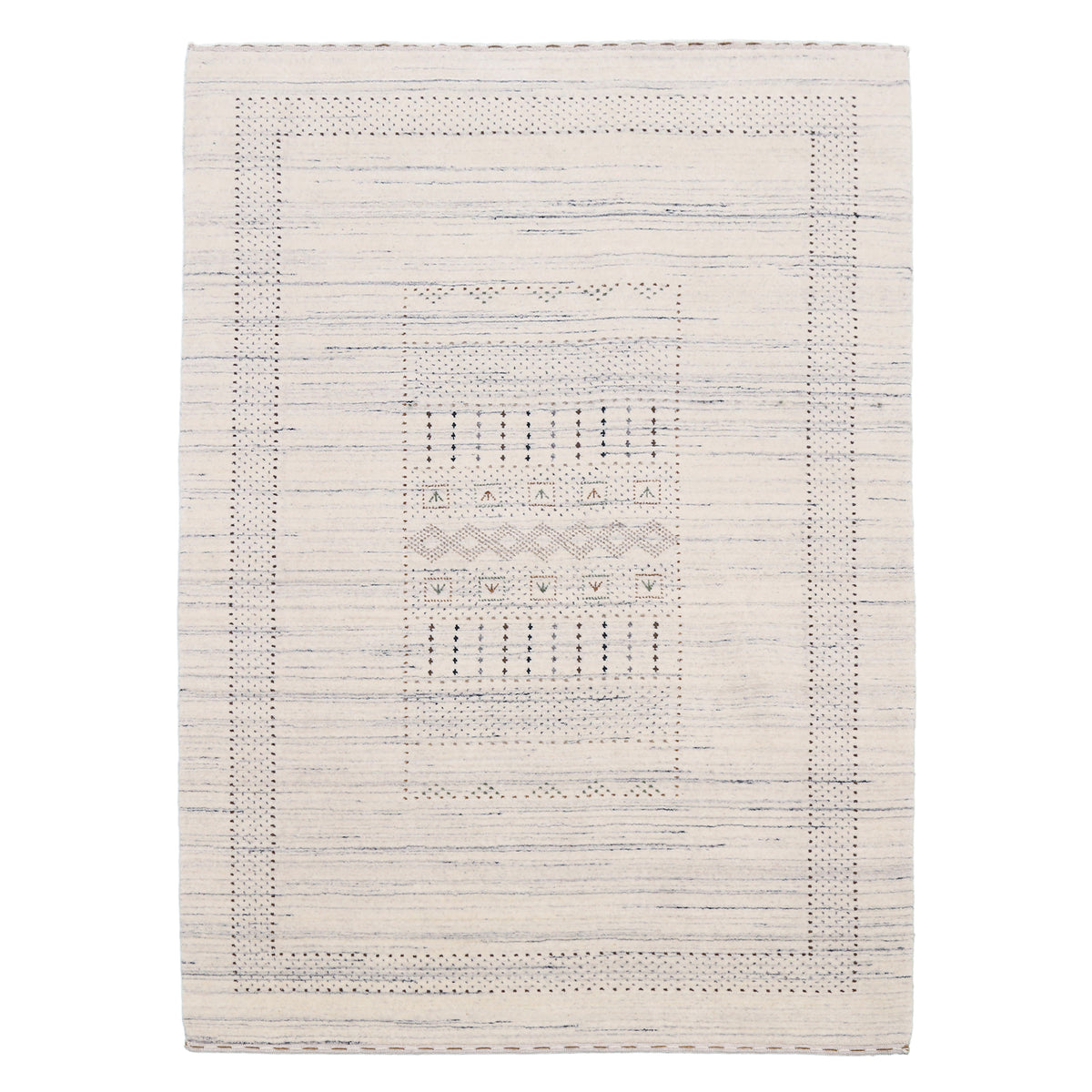 Full view of ivory Hand Woven Loom Lori wool rug with grey striations, central geometric motifs and dotted border