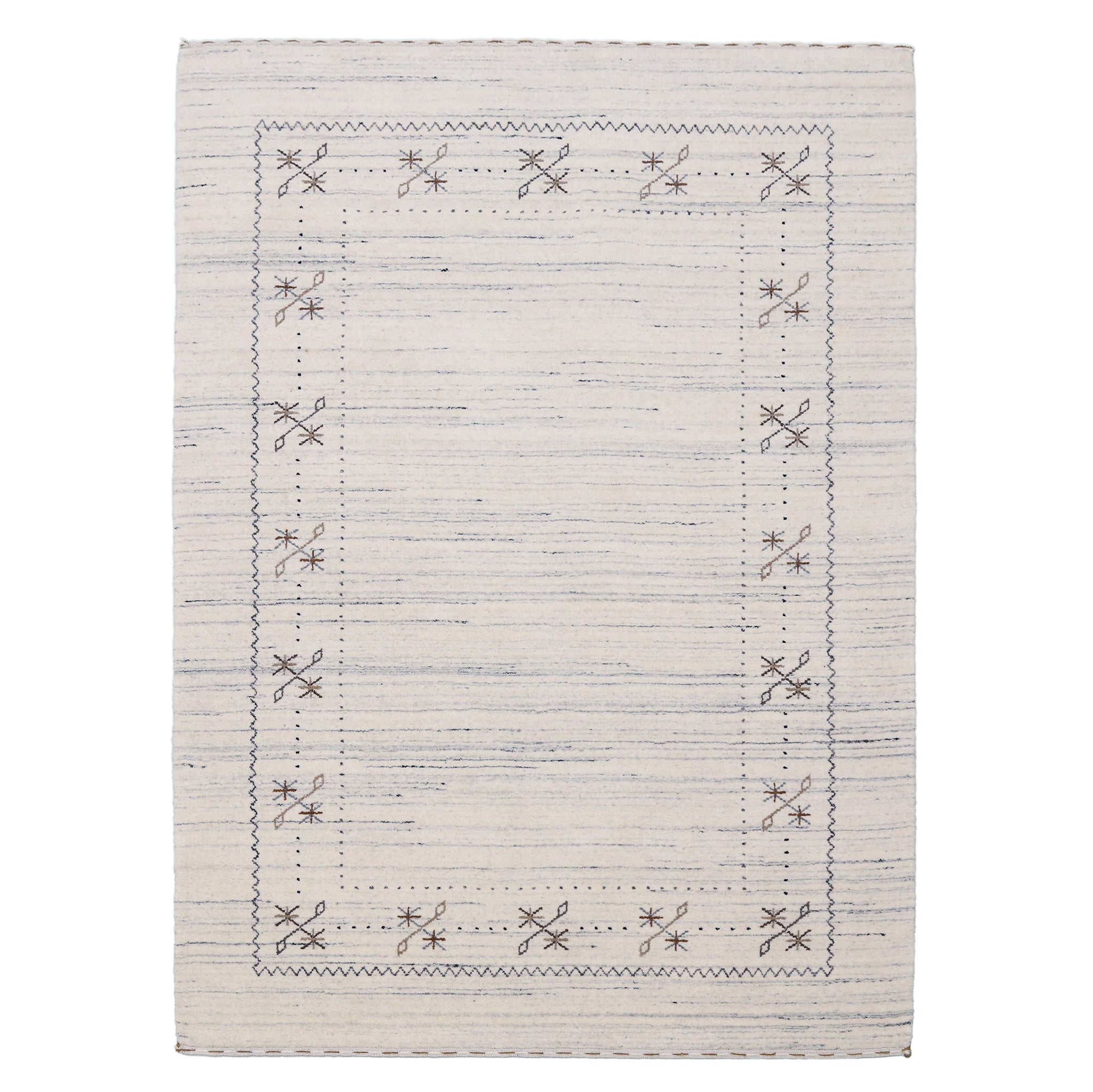 Full view of ivory Hand Woven Loom Lori wool rug with grey striations, floral motifs and geometric border detailing