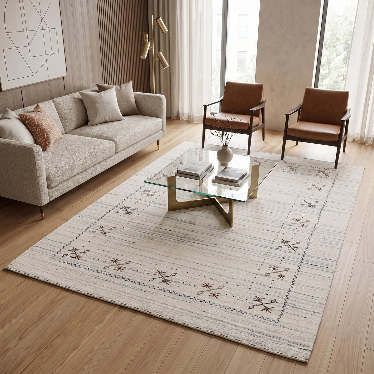 Ivory Hand Woven Loom Lori wool rug with minimal floral border design styled in an elegant neutral living room