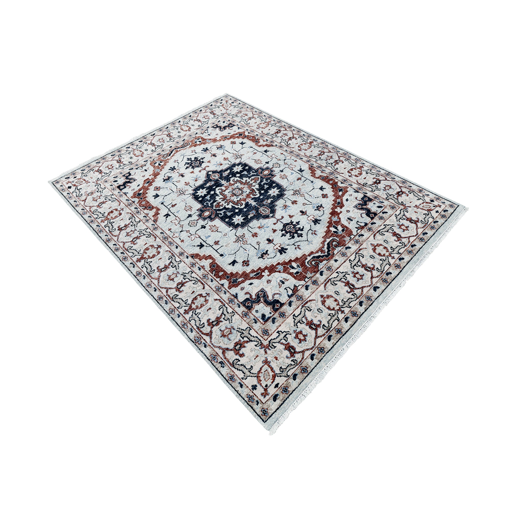 Ivory hand knotted traditional wool rug with navy medallion and rust ornamental border