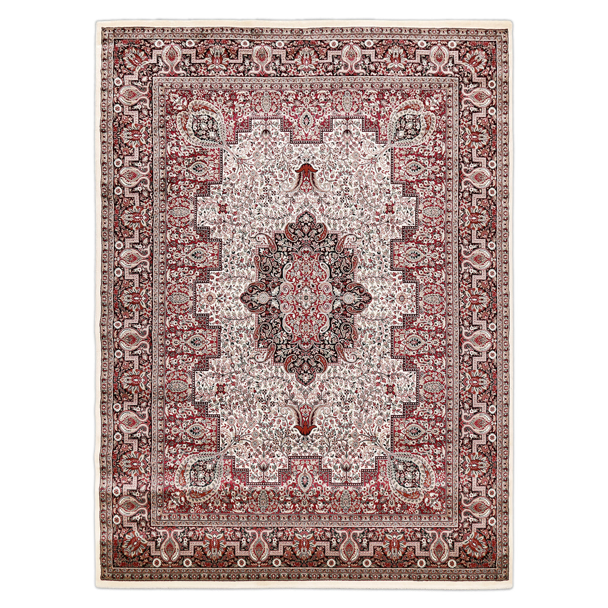 Full view of Ivory Machine Woven Classic Art Silk Rug with black red medallion and rich paisley border