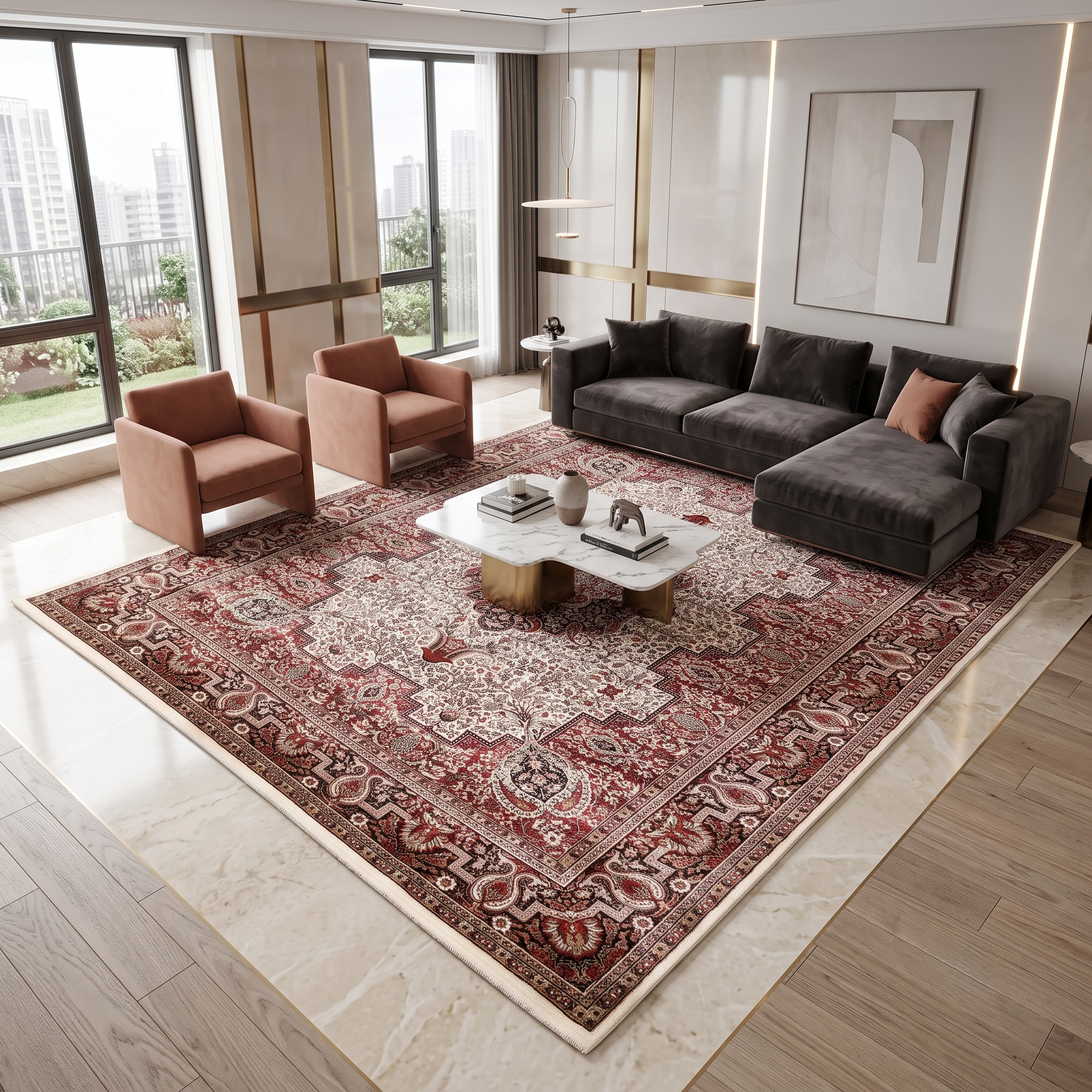 Ivory Paisley Medallion Machine Woven Classic Art Silk Rug styled in an elegant interior by Khushi Living