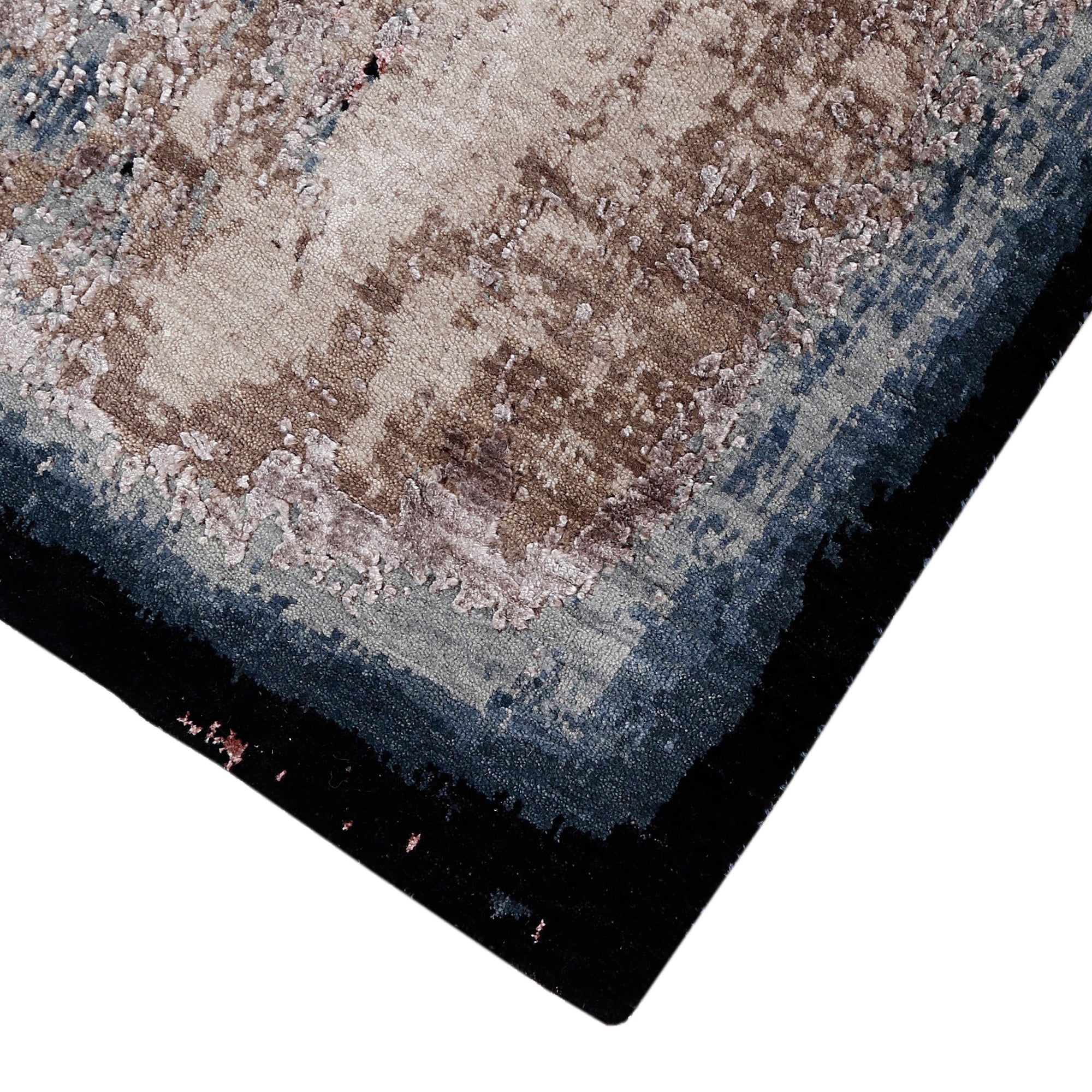 Dark hand-finished border and distressed surface of the Ivory Shadow hand knotted modern runner rug