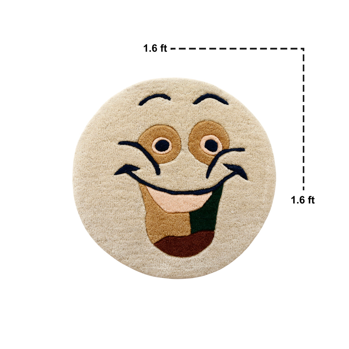 Close-up of ivory smiley face hand tufted wool kids rug highlighting its soft wool texture, plush pile and raised colourful facial details.