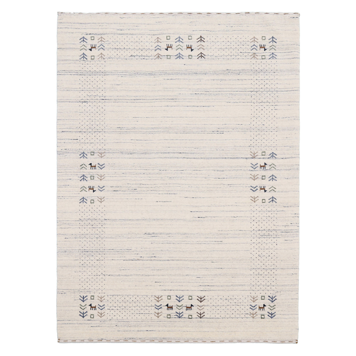 Full view of ivory Hand Woven Loom Lori wool rug with blue-grey striations, spacious centre and dotted tribal folk border