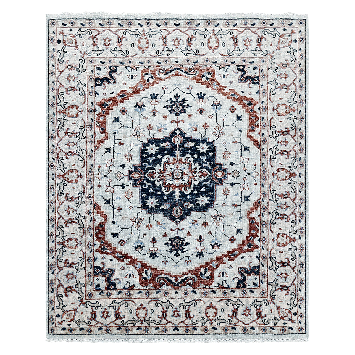 Full view of ivory hand knotted traditional wool rug with navy blue central medallion