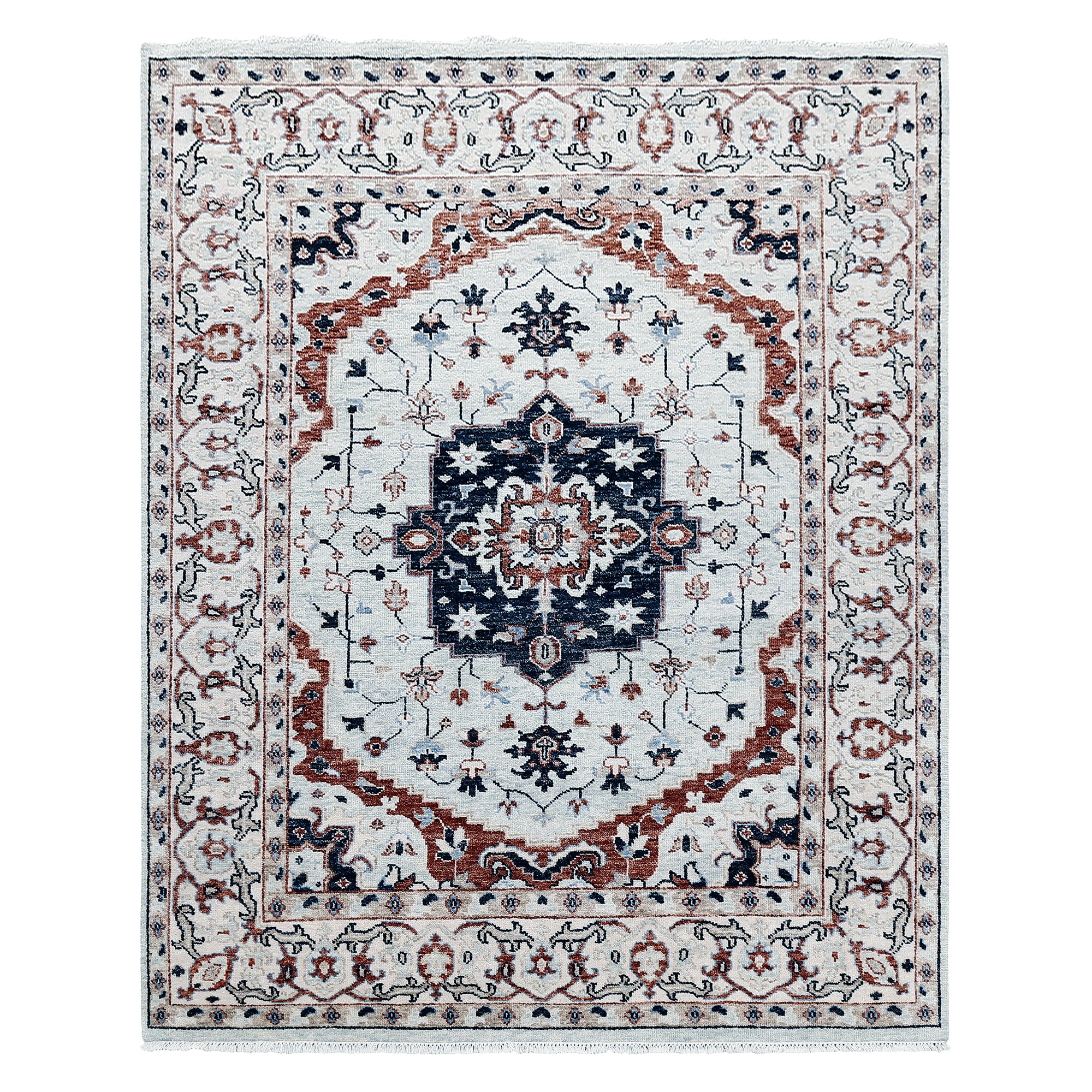 Full view of ivory hand knotted traditional wool rug with navy blue central medallion