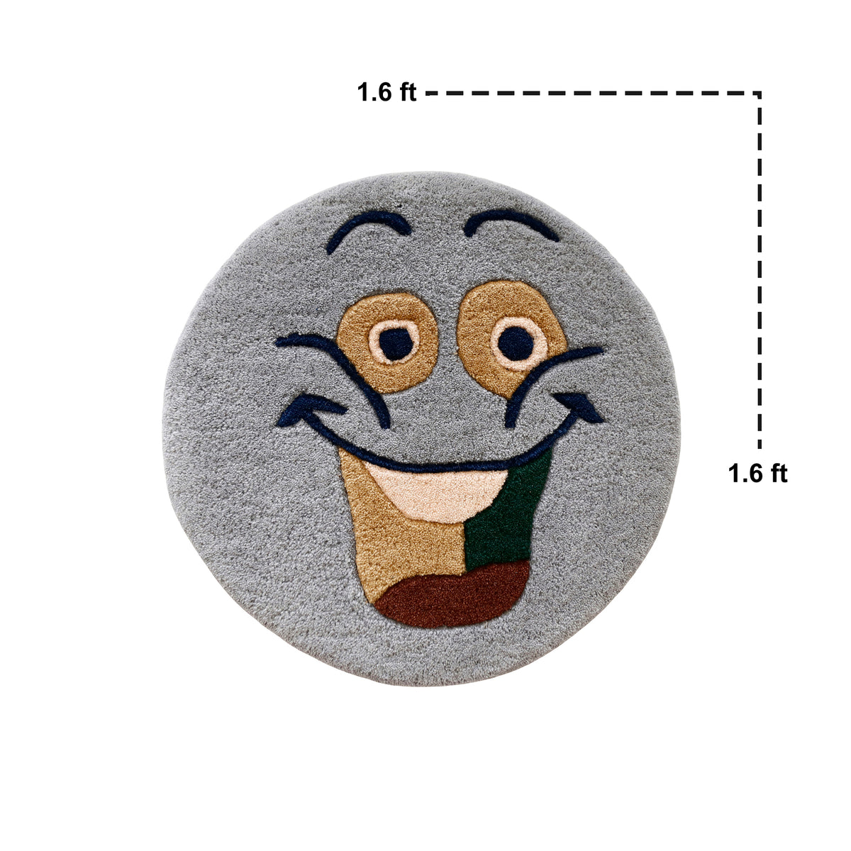 Close-up of light blue smiley face hand tufted wool kids rug highlighting its soft wool texture, plush pile and raised colourful facial details.