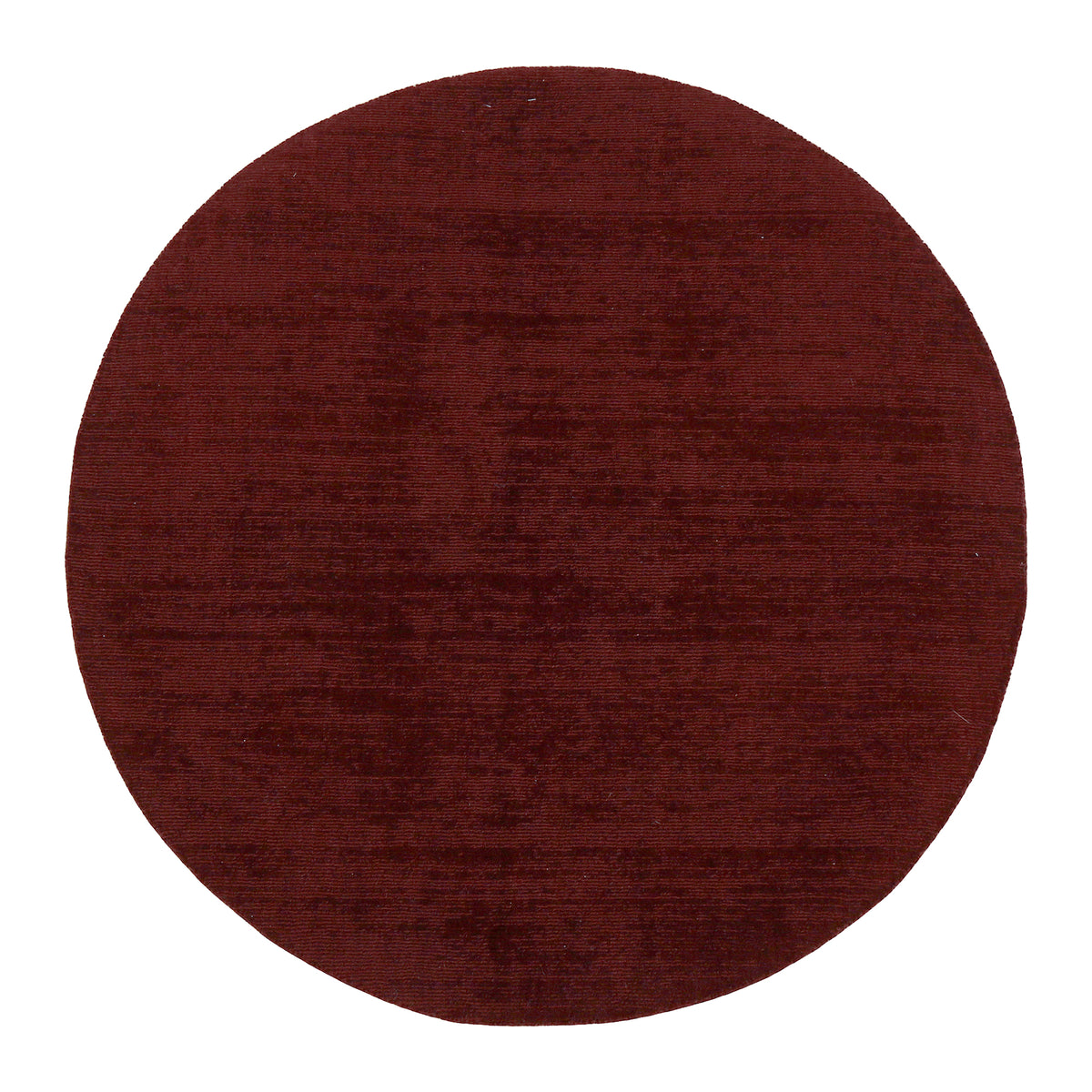 Full top view of Maroon Hand Woven Loom Lori round wool rug showing its circular shape and rich textured maroon surface.