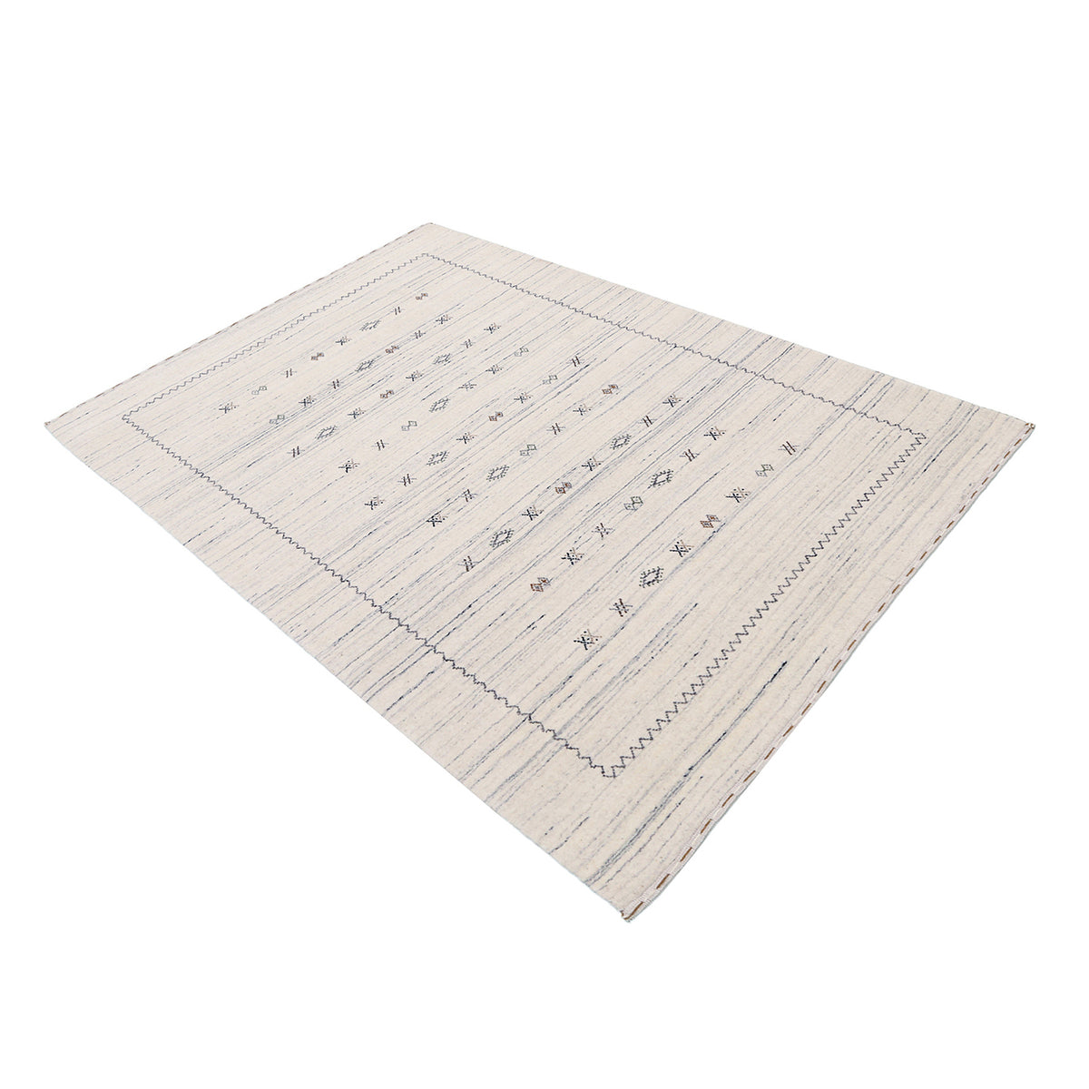 Side angle view of ivory Hand Woven Loom Lori wool rug highlighting soft texture and understated tribal design