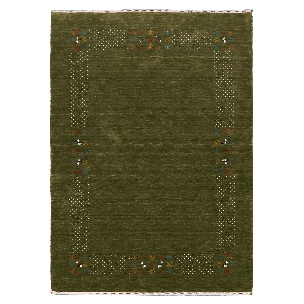 Full view of olive green Hand Woven Loom Lori wool rug with spacious centre and multicolour dotted tribal folk border
