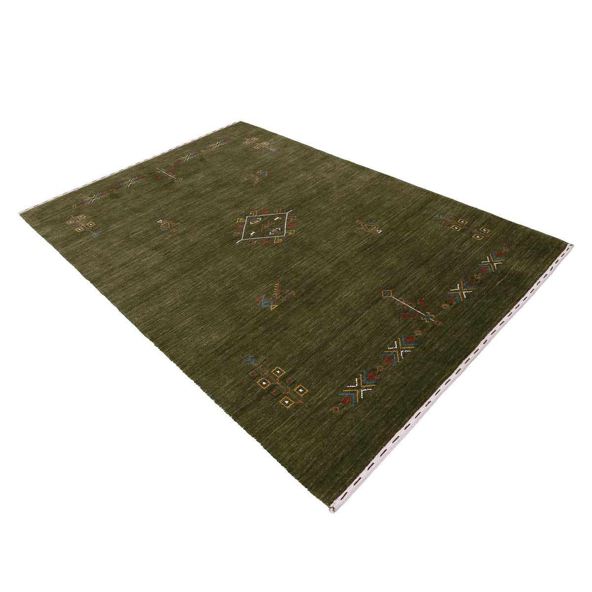 Side perspective of olive green Hand Woven Loom Lori wool rug highlighting handcrafted wool texture and central tribal medallion design