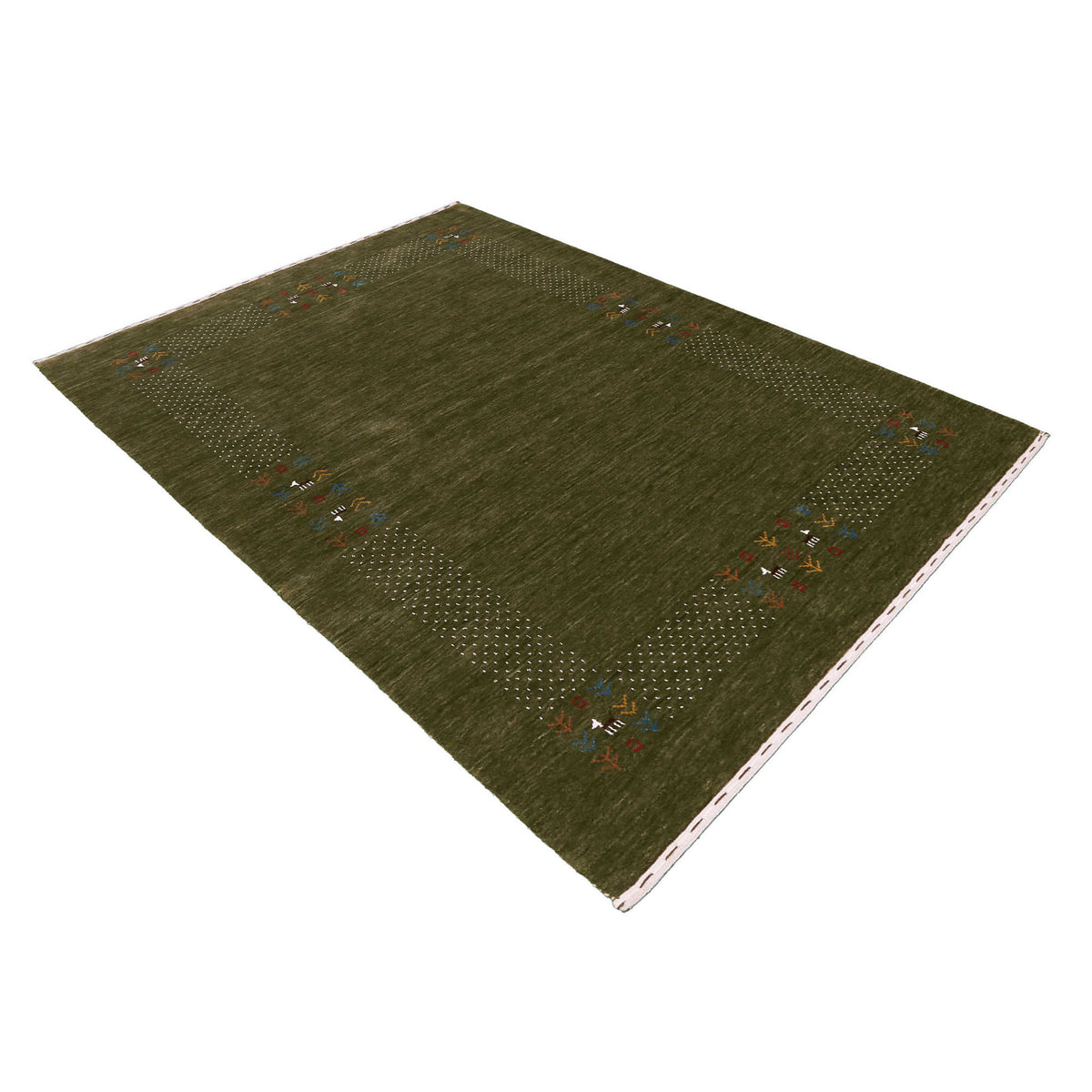 Side perspective of olive green Hand Woven Loom Lori wool rug highlighting natural wool texture and decorative dotted folk border design