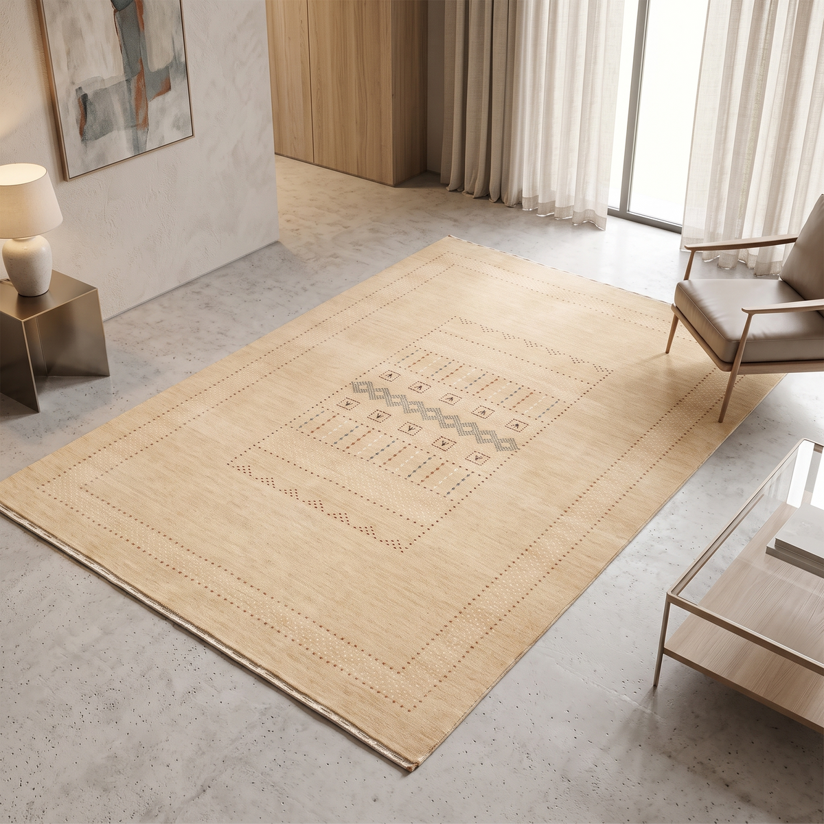 Natural beige Hand Woven Loom Lori wool rug with central tribal diamond panel styled in an elegant neutral living room