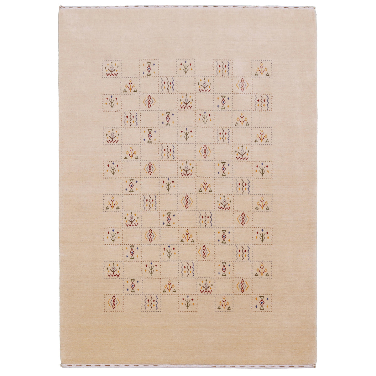 Full view of warm beige Hand Woven Loom Lori wool rug with central dotted panels and colourful geometric folk motifs