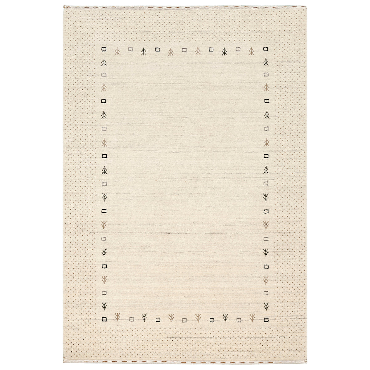 Full view of ivory Hand Woven Loom Lori wool rug with spacious centre, neutral tribal symbols and fine dotted border