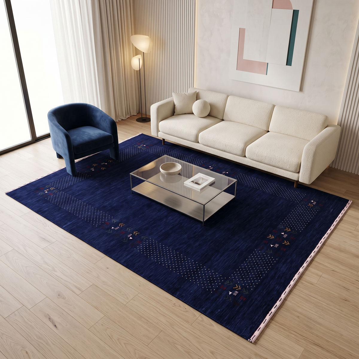Navy blue Hand Woven Loom Lori wool rug with ivory dotted folk border styled in an elegant contemporary living room