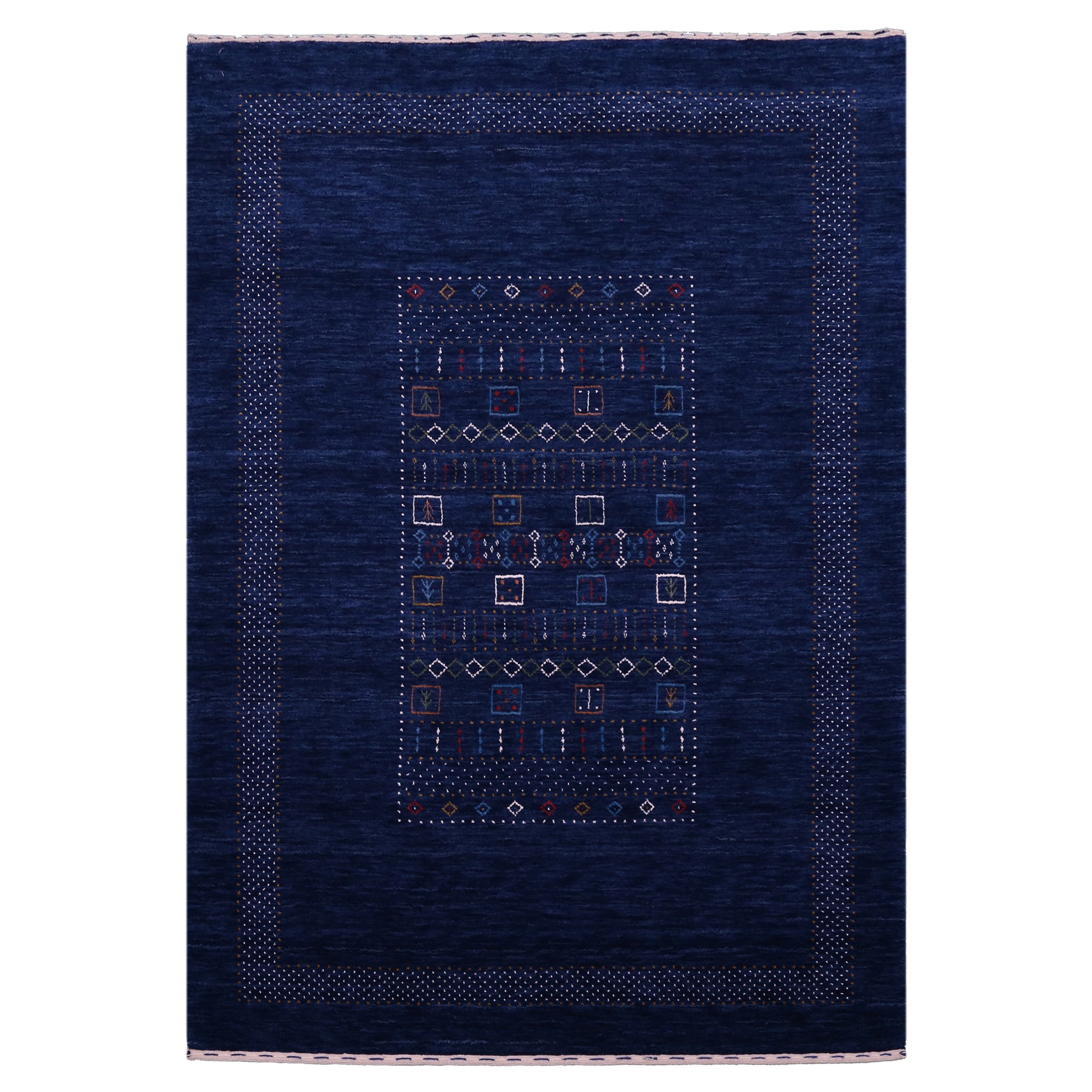 Full view of navy blue Hand Woven Loom Lori wool rug with multicolour tribal geometric motifs and decorative border