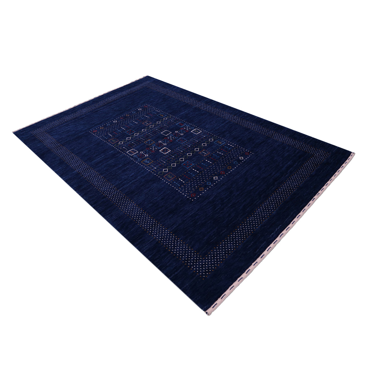 Side angle view of navy blue Hand Woven Loom Lori wool rug highlighting wool texture, tribal geometric pattern and handmade finish