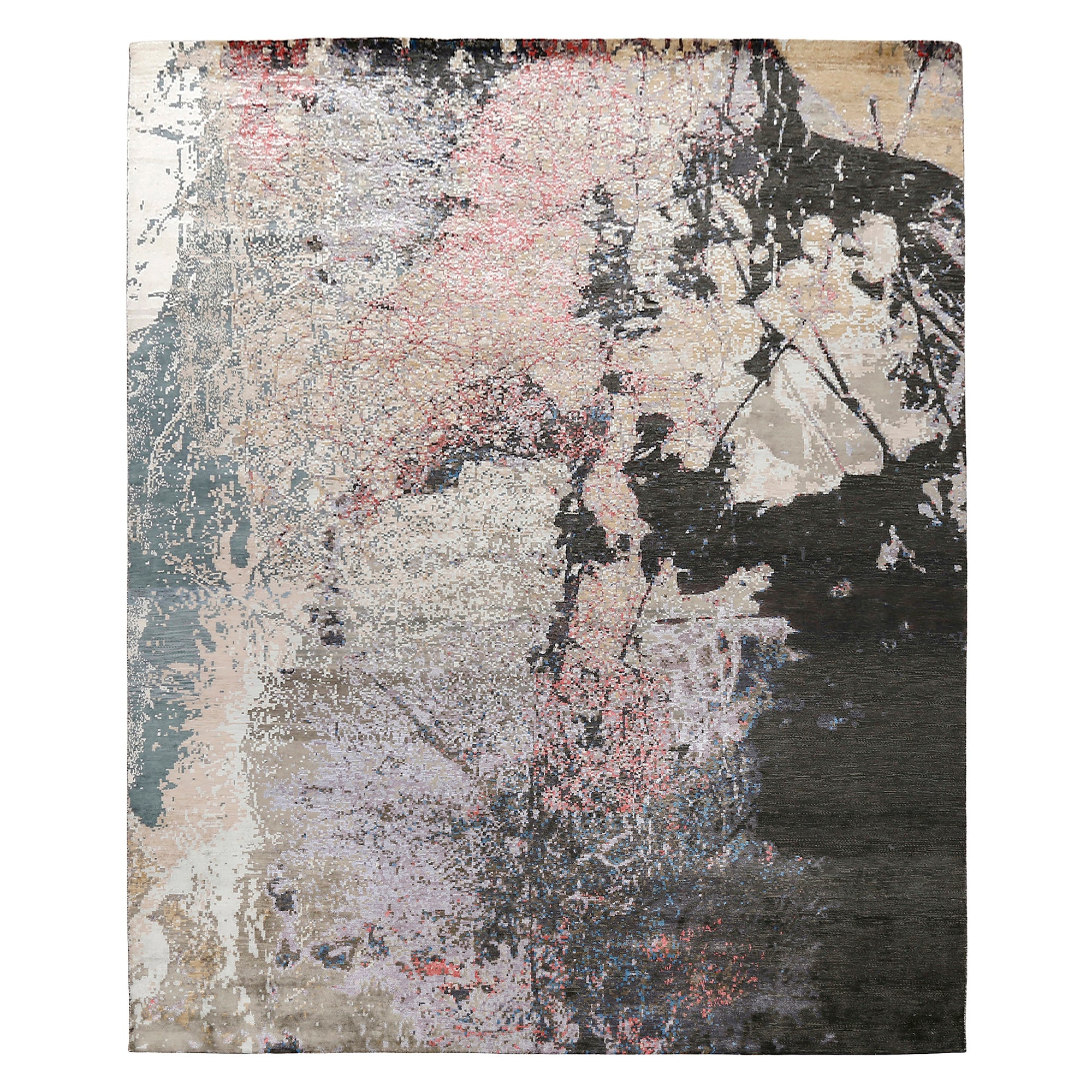 Noir Blush hand knotted modern rug in charcoal black ivory beige grey and blush pink abstract design